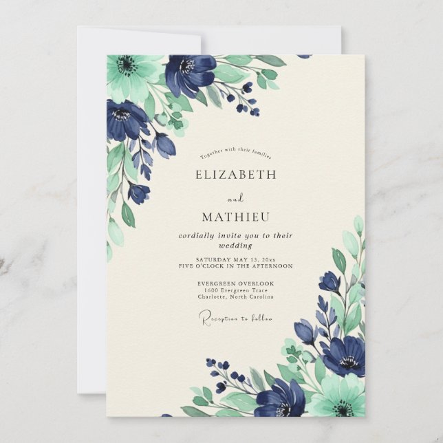 Invitation Mariage printanier harmonieux sarcelle (Devant)