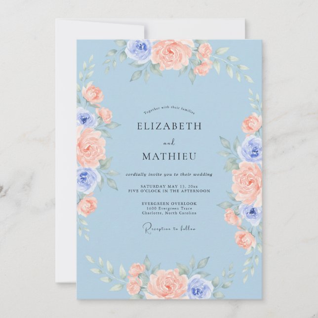 Invitation Mariage printanier idyllique au pêche azur (Devant)