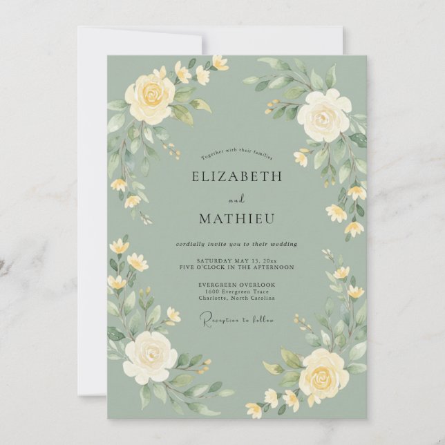 Invitation Mariage printanier immaculé vert sauge (Devant)