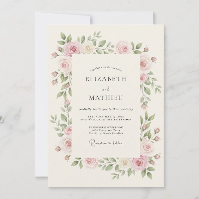 Invitation Mariage Printanier Intemporel Rose Pâle (Devant)