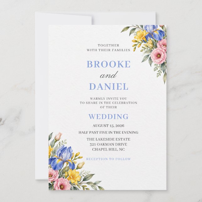 Invitation Mariage printanier Iris Freesia Élégant (Devant)