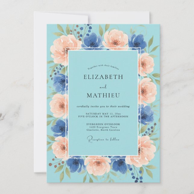 Invitation Mariage printanier joyeux bleu aqua (Devant)