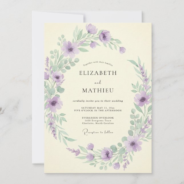 Invitation Mariage printanier lavande peint à la main (Devant)