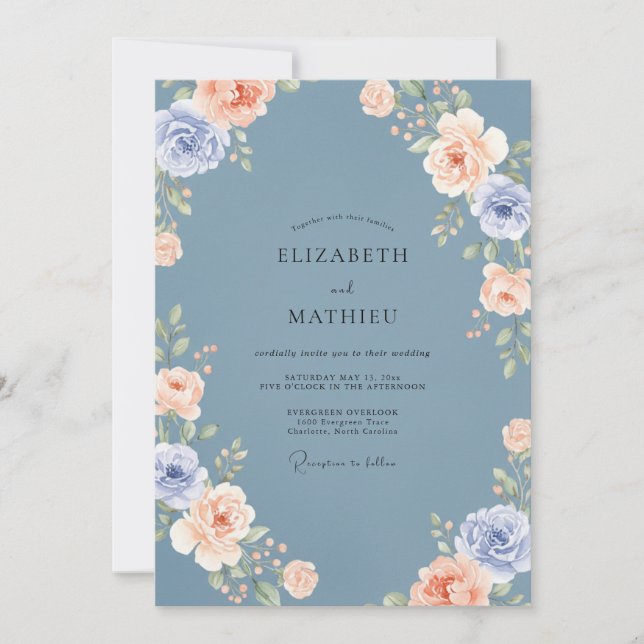 Invitation Mariage Printanier Luxuriant Bleu Acier (Devant)