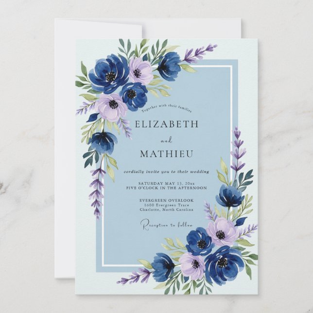 Invitation Mariage printanier luxuriant bleu marine (Devant)
