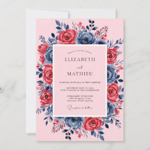 Invitation Mariage printanier luxuriant rose et marine