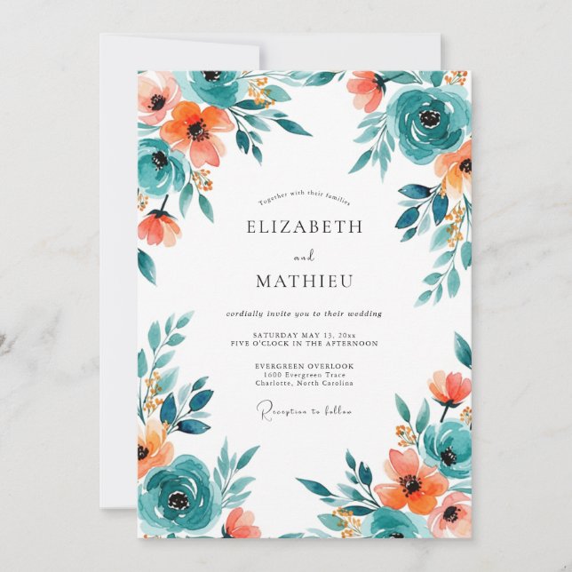 Invitation Mariage printanier luxuriant sarcelle (Devant)