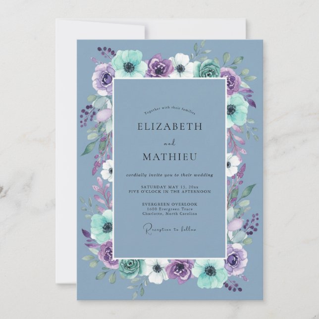 Invitation Mariage Printanier Orné de Bleu Ardoise (Devant)