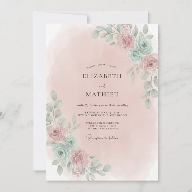 Invitation Mariage printanier paisible rose poudré (Devant)