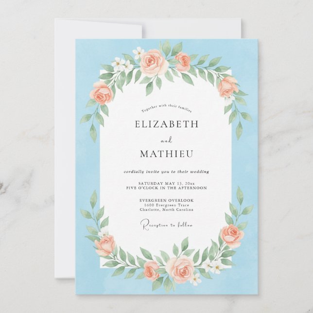 Invitation Mariage printanier pittoresque bleu clair (Devant)