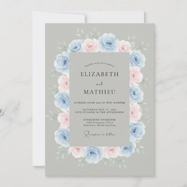 Invitation Mariage printanier pittoresque bleu rose (Devant)