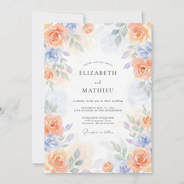 Invitation Mariage printanier poétique Pêche Pérywinkle (Devant)