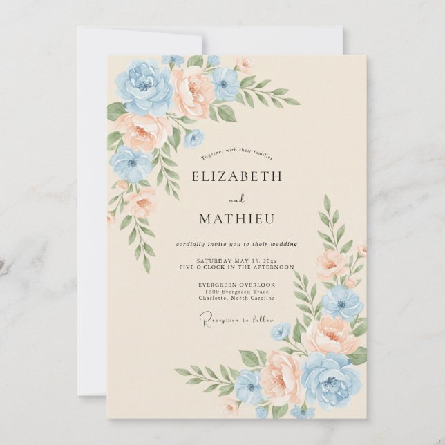 Invitation Mariage printanier radieux bleu pastel (Devant)