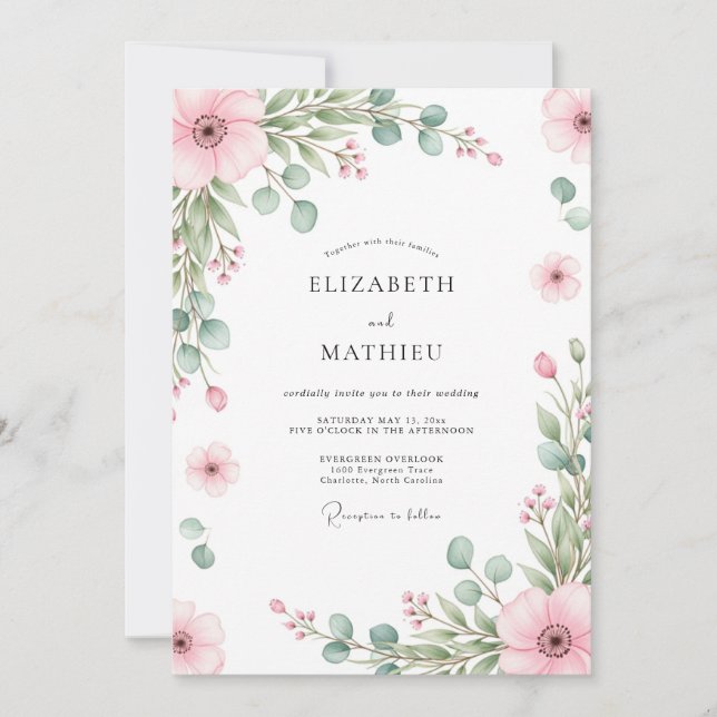 Invitation Mariage Printanier Raffiné aux Teintes Roses (Devant)