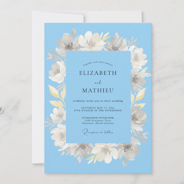 Invitation Mariage printanier rafraîchissant bleu azur (Devant)