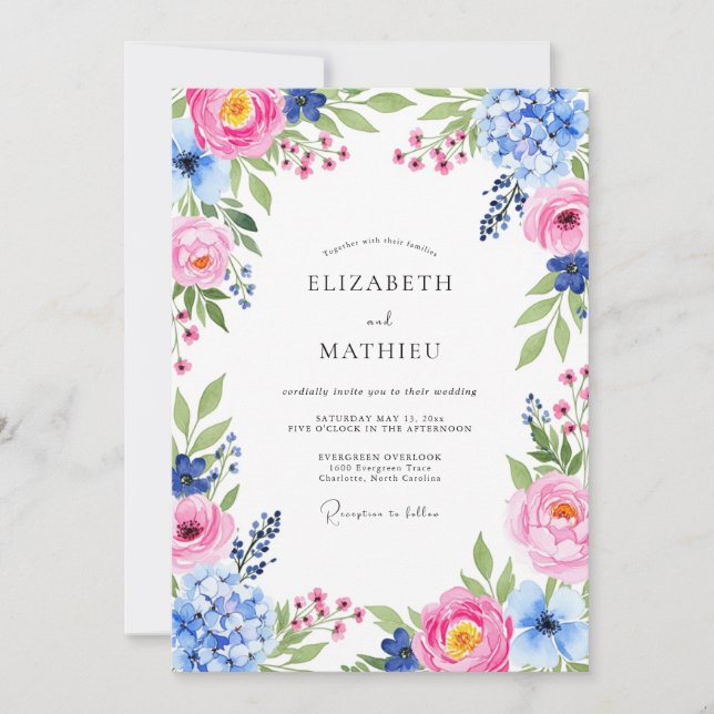 Invitation Mariage printanier resplendissant ciel rose bleu (Devant)