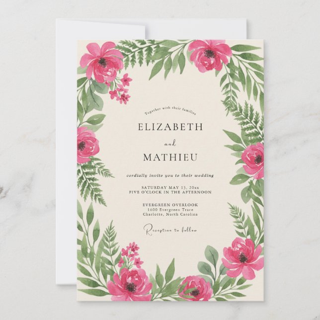 Invitation Mariage Printanier Rose et Verdoyant (Devant)