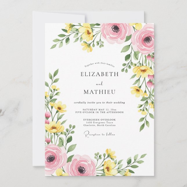 Invitation Mariage printanier rose jaune bienheureux (Devant)