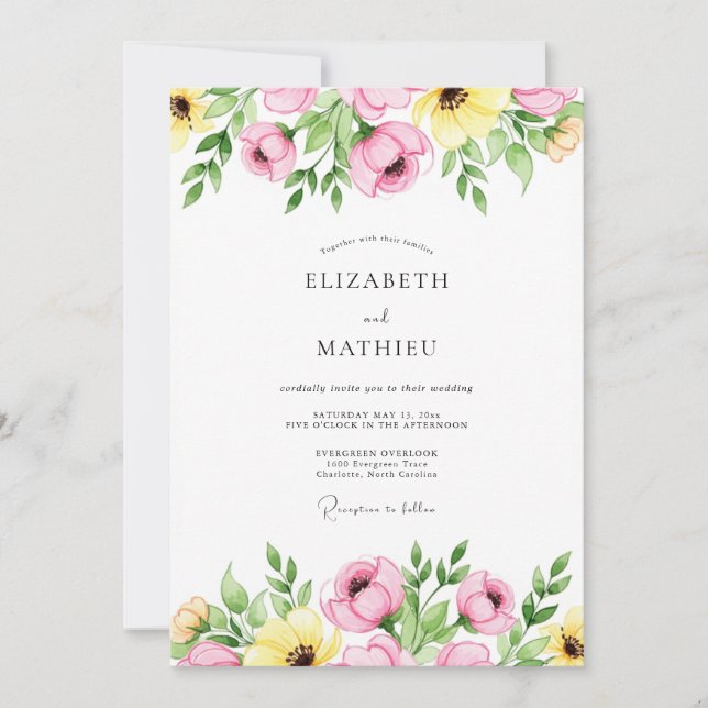 Invitation Mariage Printanier Rose Jaune Joyeux (Devant)