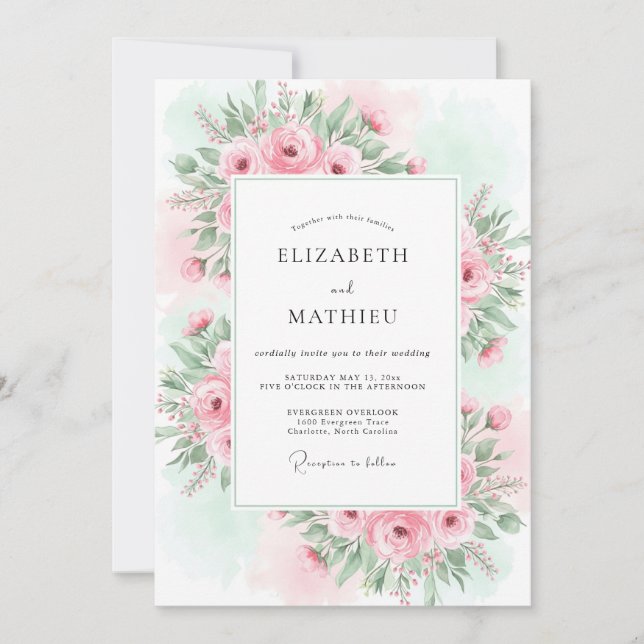 Invitation Mariage Printanier Rose Pâle et Verdoyant (Devant)