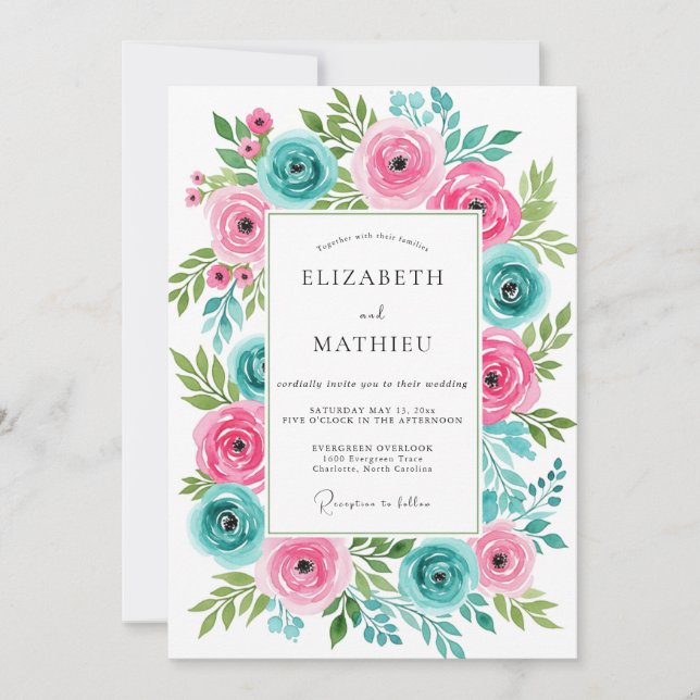 Invitation Mariage Printanier Rose Turquoise Vivant (Devant)