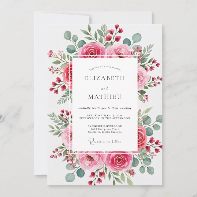 Invitation Mariage printanier rose vif (Devant)