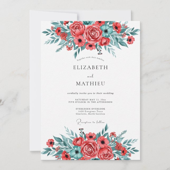 Invitation Mariage printanier rouge sarcelle brillant (Devant)