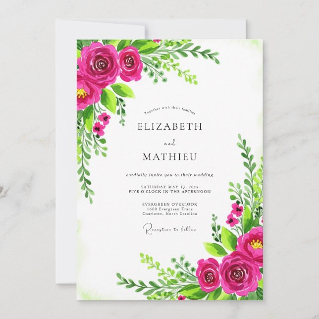 Invitation Mariage printanier séduisant rose chaud (Devant)