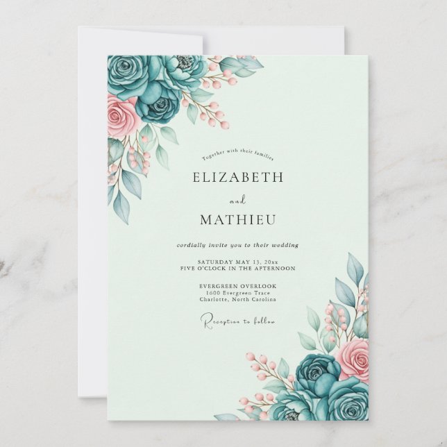 Invitation Mariage printanier serein de teinte turquoise (Devant)
