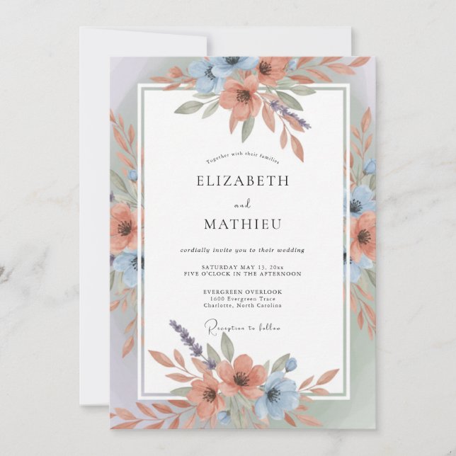 Invitation Mariage printanier venteux bleu corail (Devant)