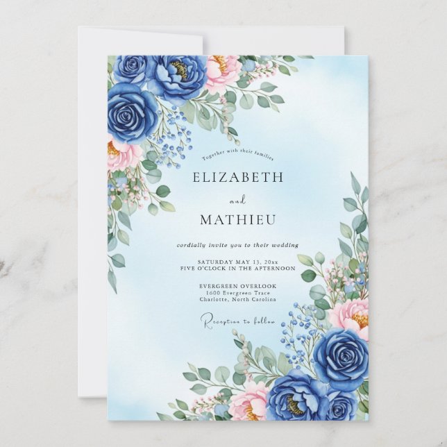 Invitation Mariage printanier verdoyant bleu marine (Devant)