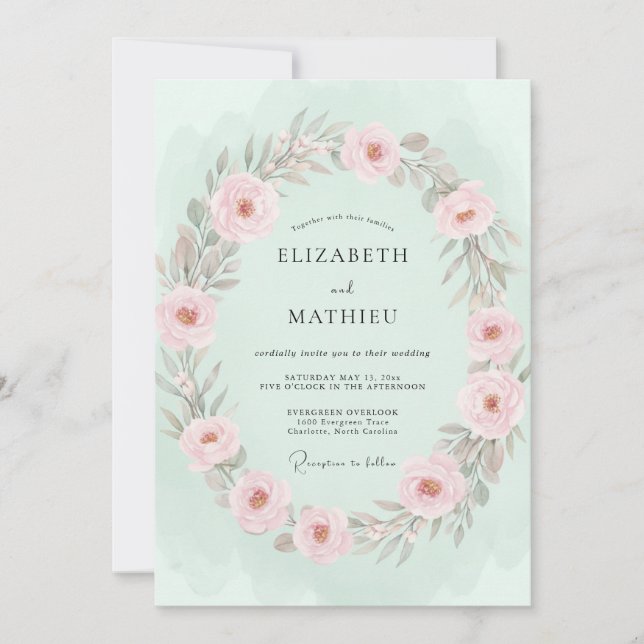 Invitation Mariage printanier verdoyant de couleur vert menth (Devant)