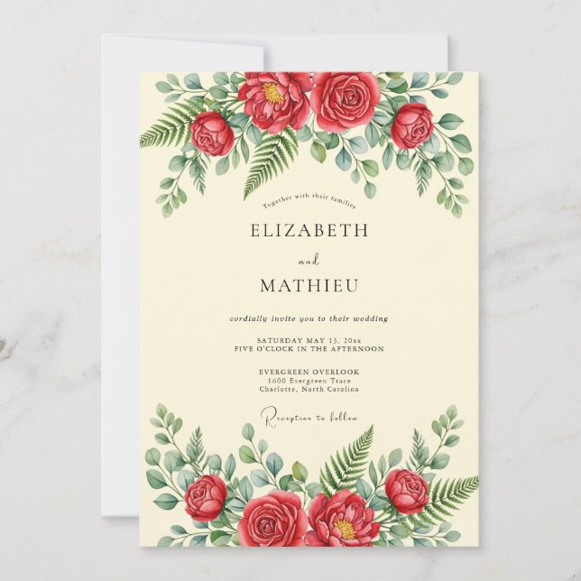 Invitation Mariage Printanier Verdoyant Rouge (Devant)
