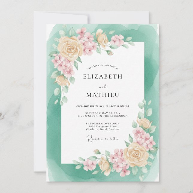 Invitation Mariage printanier vert mousse luisant (Devant)