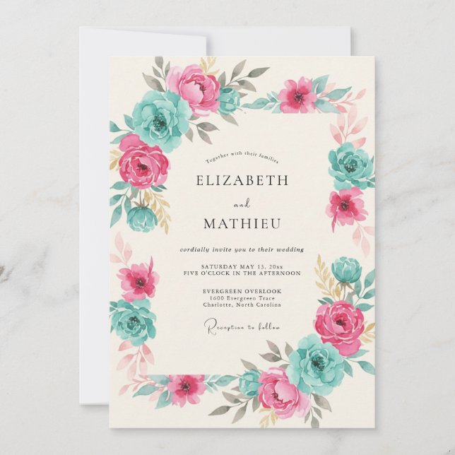 Invitation Mariage Printanier Vibrant Sarcelle (Devant)