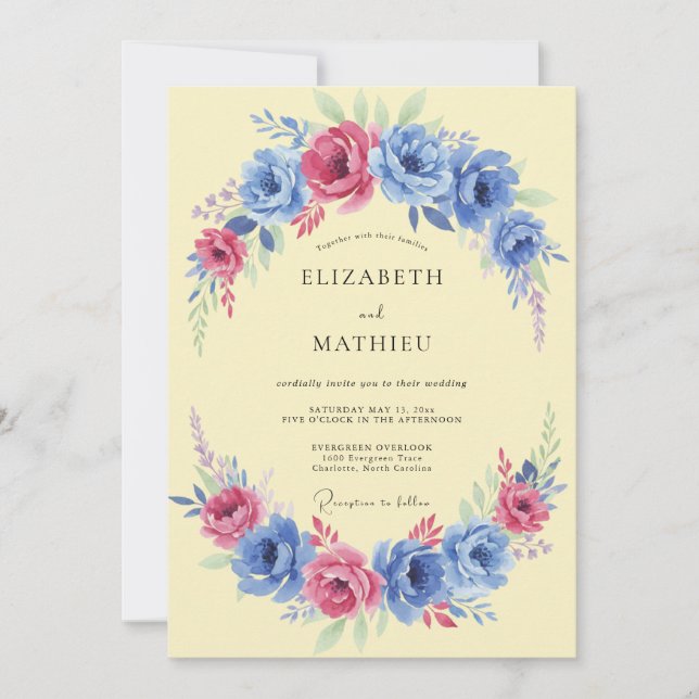 Invitation Mariage printanier vivace bleu barbeau (Devant)