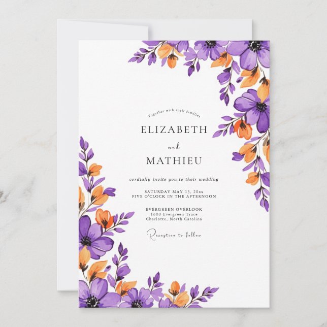 Invitation Mariage Printanier Vivant Orange Violet (Devant)