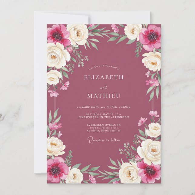 Invitation Mariage profond burgundy ranunculus eucalyptus (Devant)