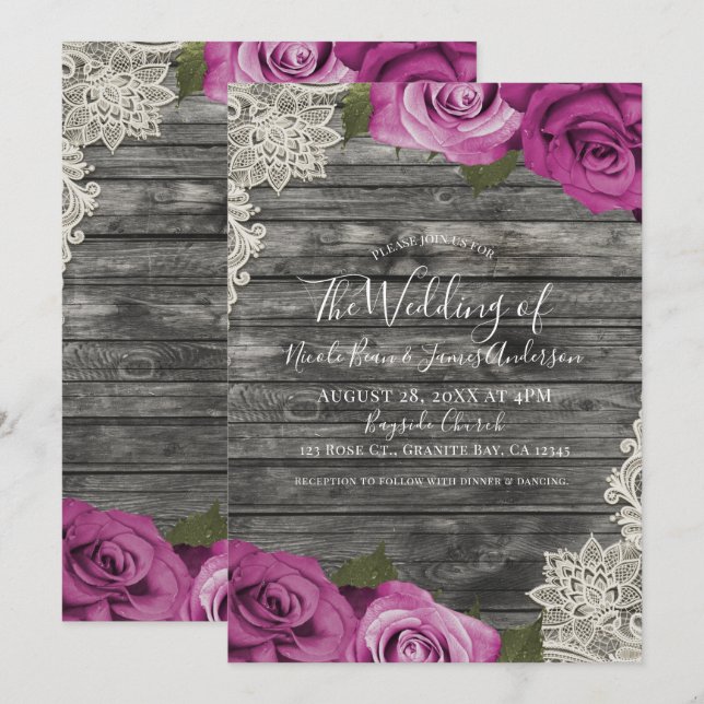 Invitation Mariage profond fuchsia rose gris bois rustique de (Devant / Derrière)