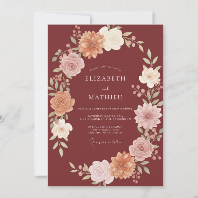 Invitation Mariage Profond Merlot Feuille Peinte (Devant)
