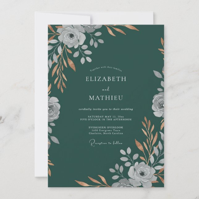 Invitation Mariage Profond Pétrole Feuillu (Devant)