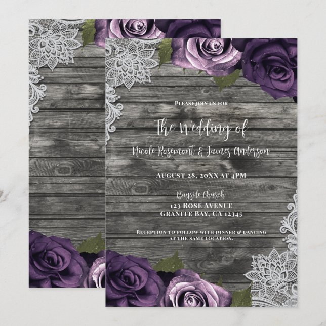 Invitation Mariage profond pourpre roses gris dentelle blanch (Devant / Derrière)