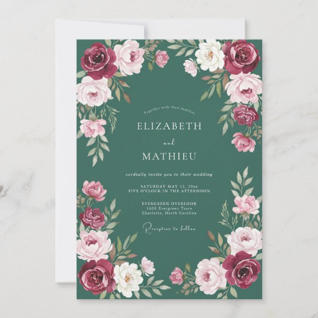 Invitation Mariage profond Teal Ranunculus Eucalyptus tendre (Devant)