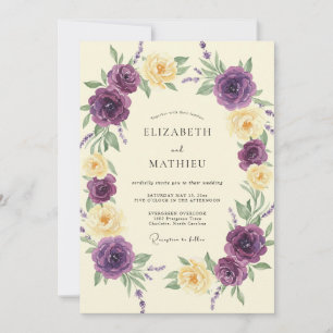 Invitation Mariage profond violet crème ranunculus eucalyptus
