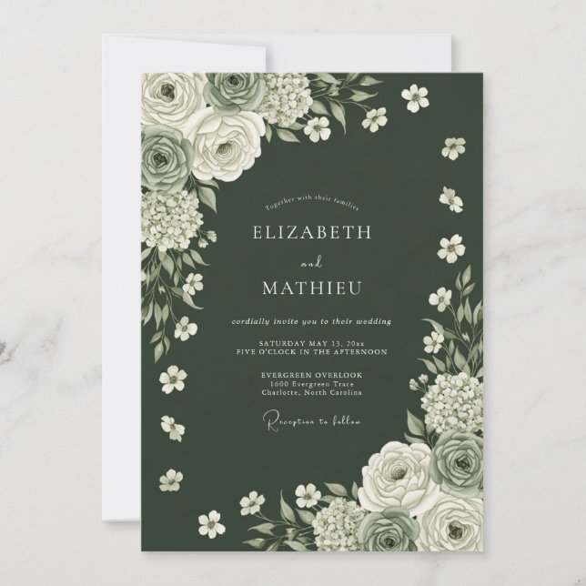 Invitation Mariage Profonde Enchantement Floral Vert (Devant)