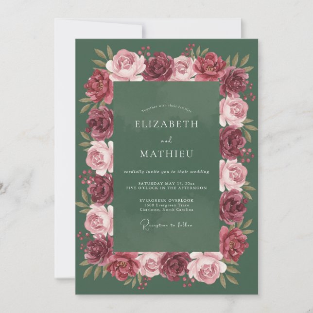 Invitation Mariage Profonde Étreinte Florale Verte (Devant)