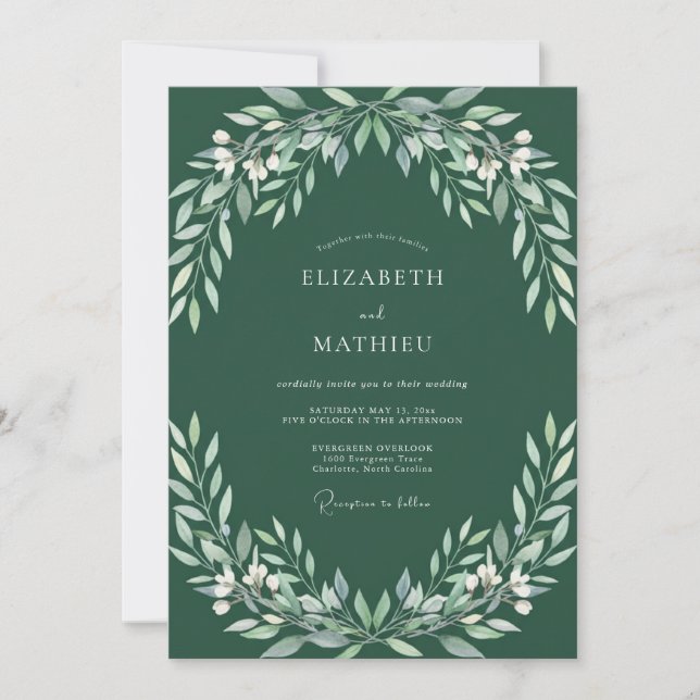 Invitation Mariage Profondes Feuilles d'Émeraude (Devant)