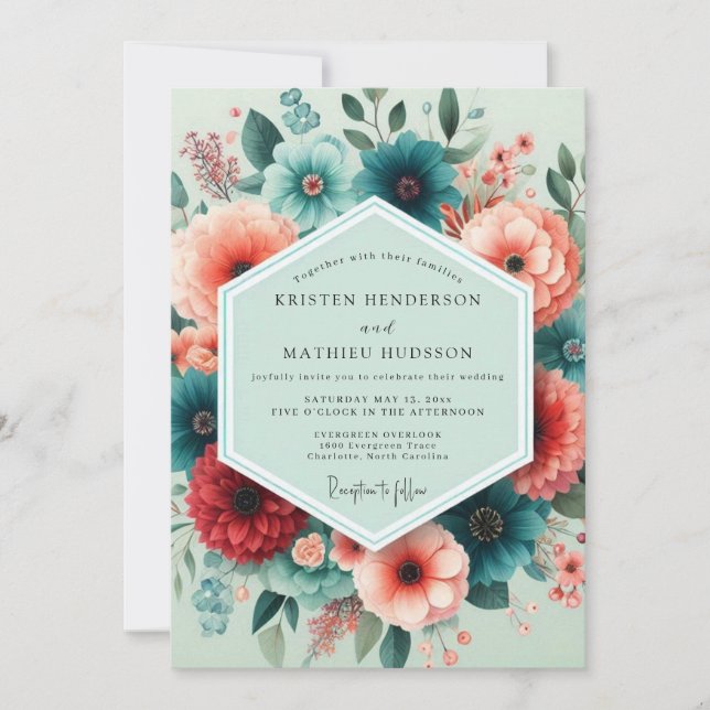 Invitation Mariage prospère de corail sarcelle (Devant)