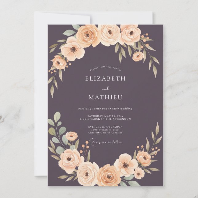 Invitation Mariage Prune Abricot Ranunculus Eucalyptus Poussi (Devant)