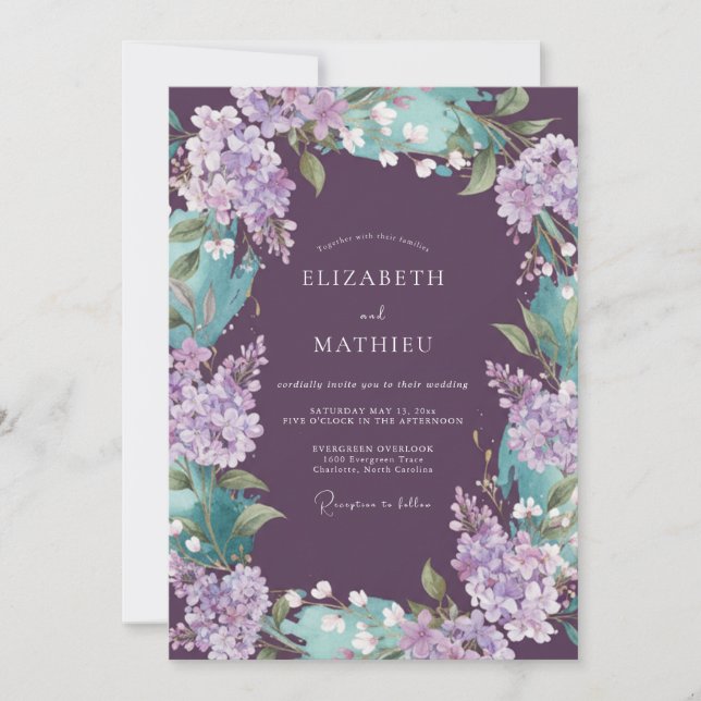 Invitation Mariage prune bleu-vert lilas eucalyptus (Devant)